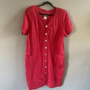 Vintage John Roberts Midi Dress Women's 16 Red 100% Linen Button Up 80s Modest
